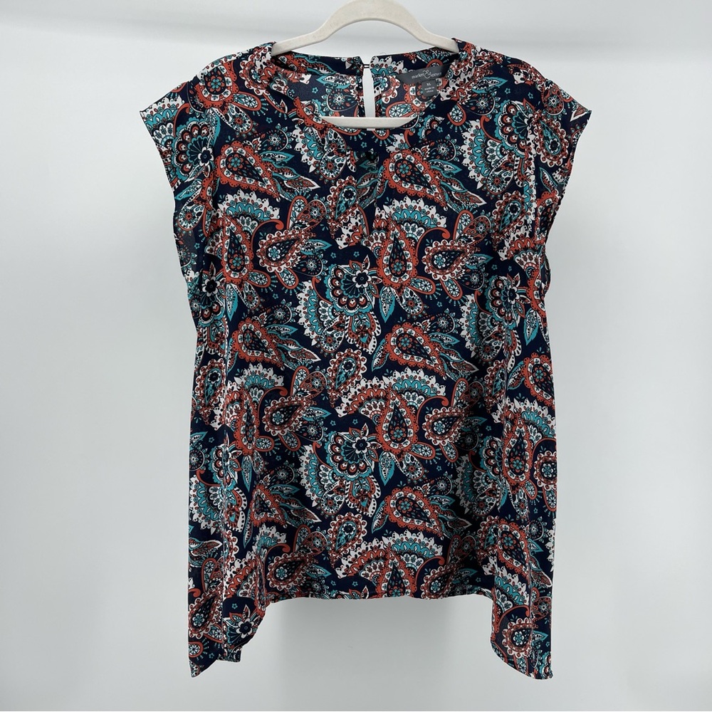 Market & Spruce Navy Floral Paisley Cap Sleeve Blouse Top, Women's XL